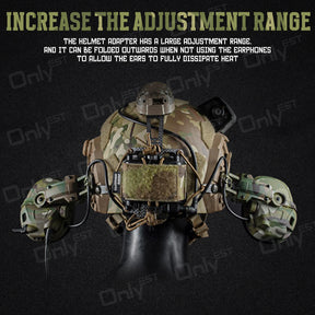 Tactical headset opens in all directions when mounted on the helmet to allow ventilation and cooling of the ears.