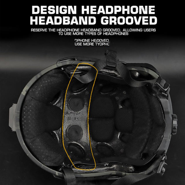 Black camouflage colored professional tactical ballistic safety helmet that can be paired with noise-canceling headphones